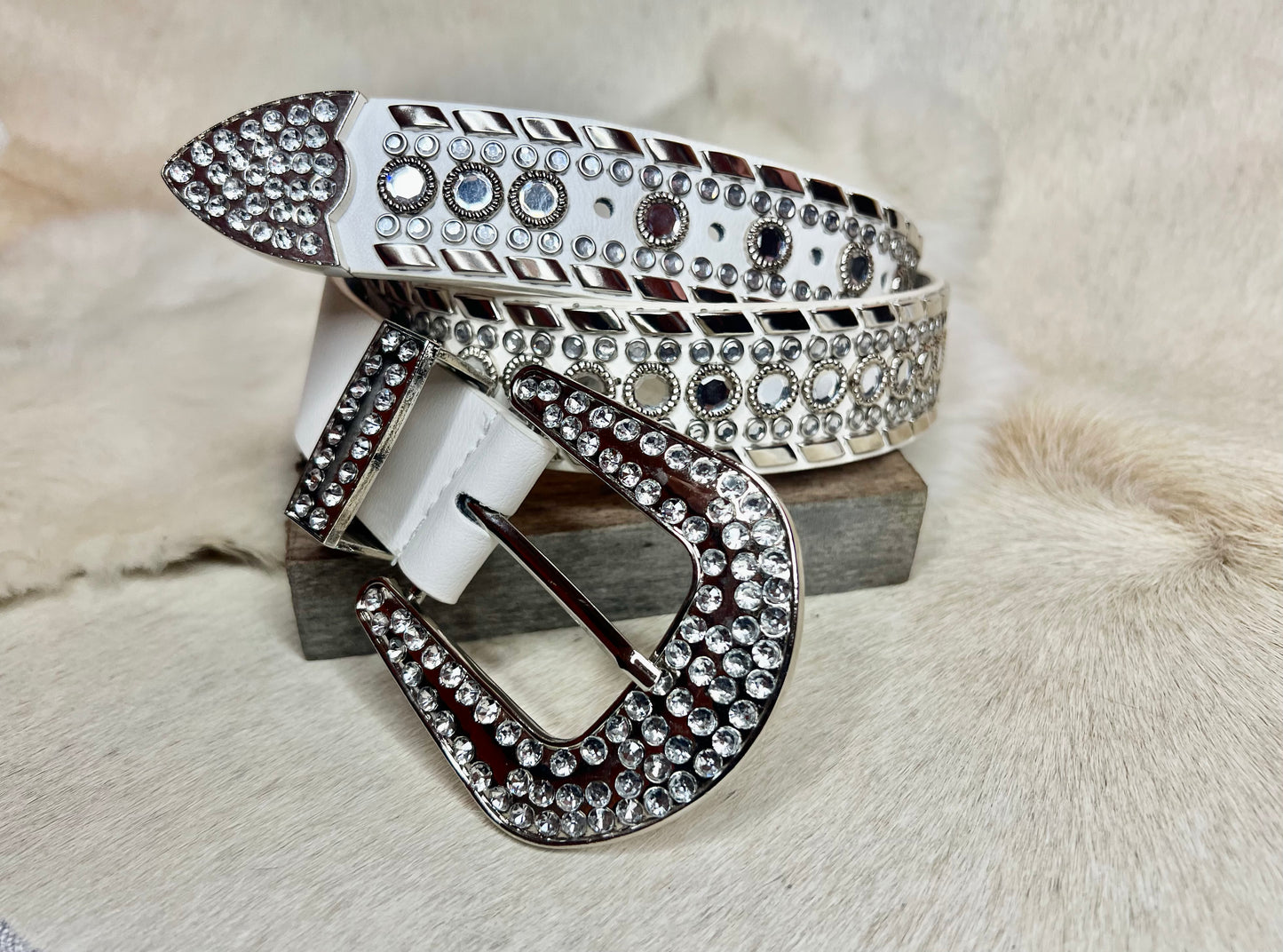 Rhinestone Studded Belt White